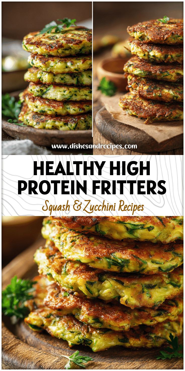 Lightly golden high protein zucchini fritters stacked on a rustic plate for clean eating.